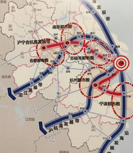 (昆山在长三角城市群中的位置。)