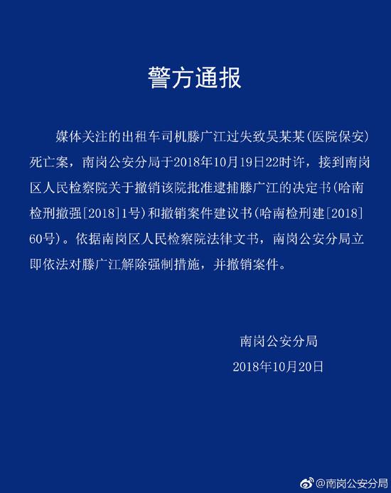哈尔滨警方撤销“的哥与人口角致死案” 解除强制措施