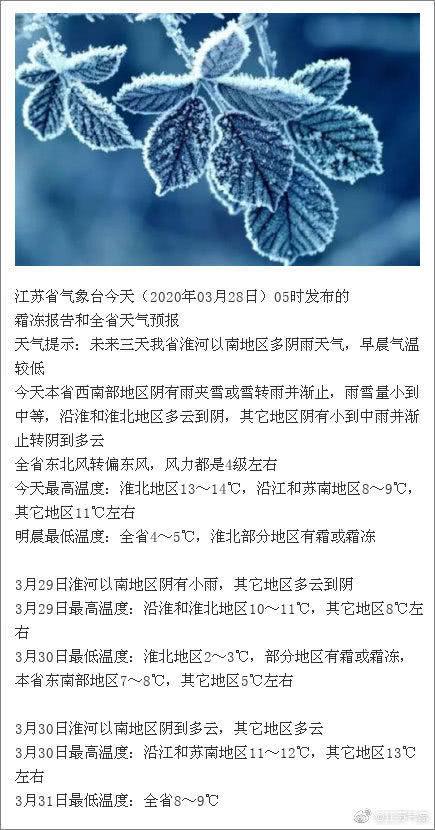 连云港：霜冻报告！未来三天江苏淮河以南地区多阴雨天气