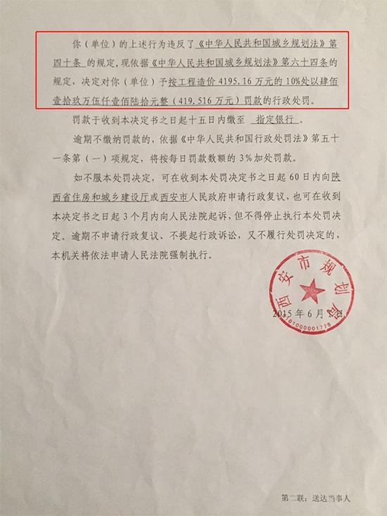 西安市规划局在2015年开出的行政处罚决定书 受访者 供图