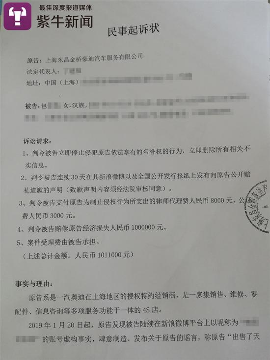 豪迪4S店起诉包女士的民事诉讼状