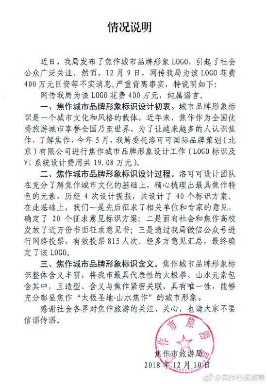 焦作旅游局回应“400万设计一个logo”：不到20万