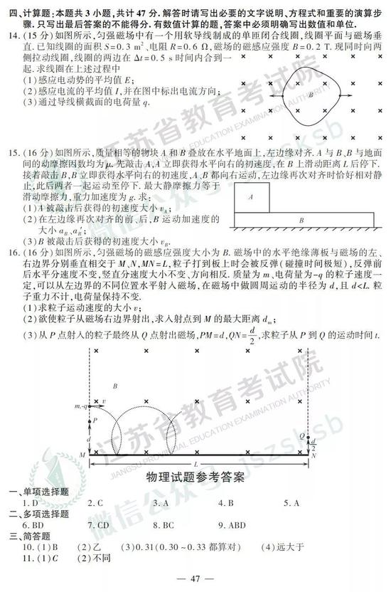 2019年江苏高考物理试题+答案
