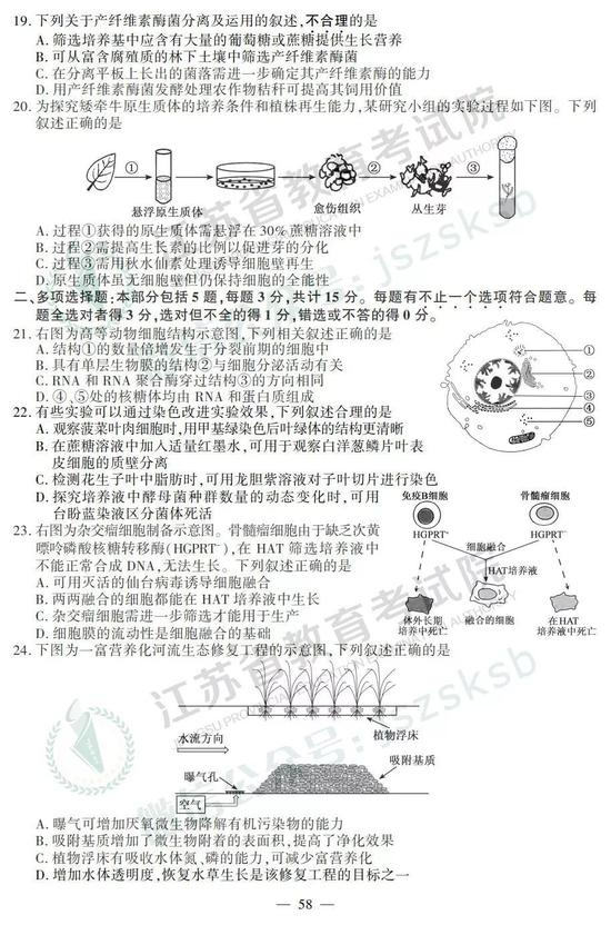 2019年江苏高考生物试题+答案