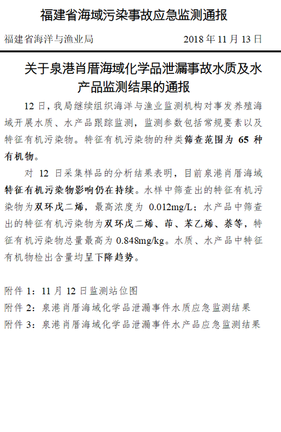 泉港化学品泄漏海域有机污染物影响仍在持续