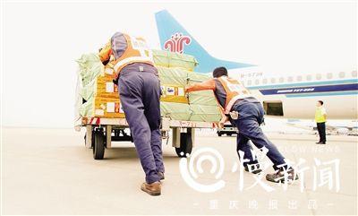 在宛如“铁板烧”的停机坪上将货物挂车人工推到机舱下