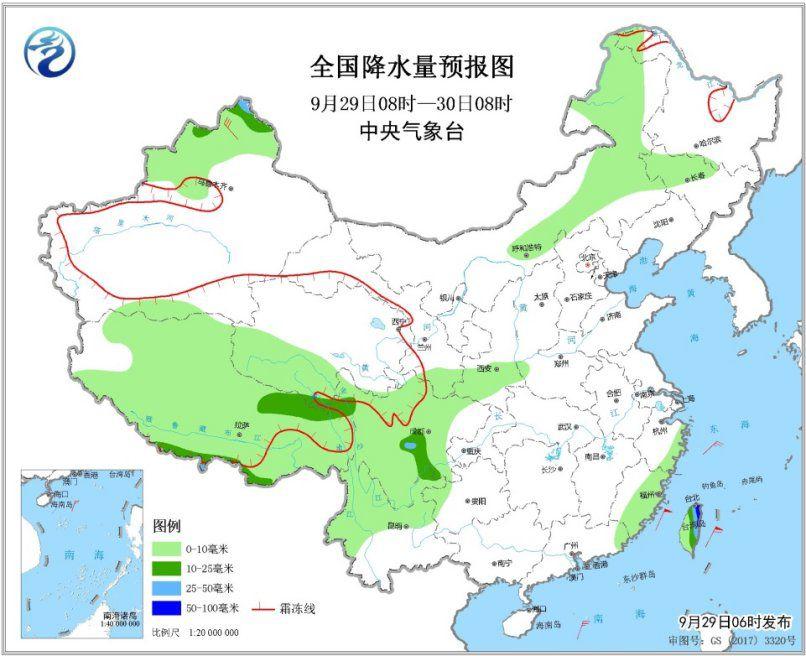 图2 全国降水量预报图(9月29日8时-30日8时)