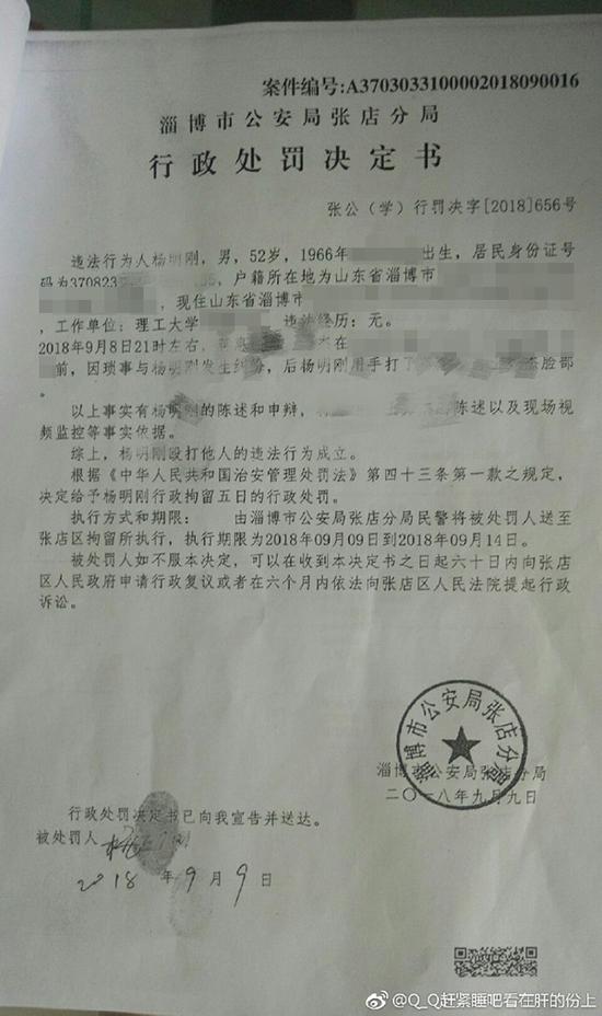 警方开具的行政处罚决定书