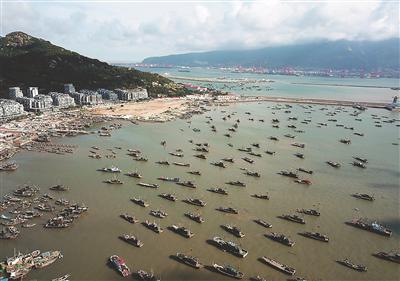 9日,连云港市连云区西连岛村渔业码头,渔船靠泊港湾躲避台风。 耿玉和摄