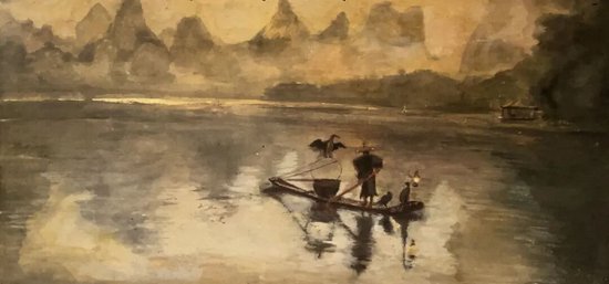漓江渔翁&nbsp;30cm×66cm&nbsp;刘菁华 &nbsp;中国画学会（美国）常务理事