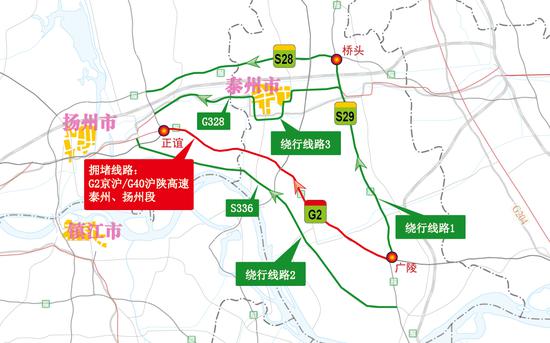 图23 G2京沪/G40沪陕高速泰州-扬州共线段绕行线路