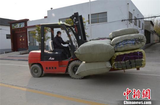 图为姚家坡村的工作人员开着铲车将一摞一摞的麻袋运到村口的物流车处。 郝学娟 摄