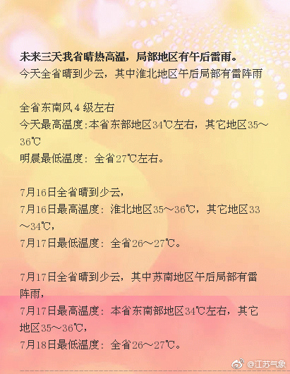 未来三天江苏全省晴热最高36℃ 局部地区午后有雷雨