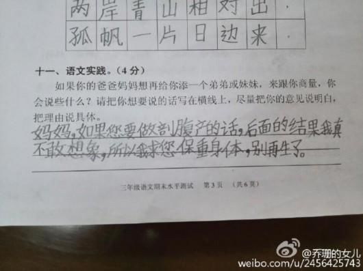 小学生答二孩现神回复:没关系 死了还有一个