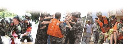 左图:广西柳州武警官兵在积水中接通消防管道,冲洗路面淤泥。 中图:湖南永州市道县民兵应急分队将冲锋舟运到河边。 右图:江西上饶市消防支队官兵在转移一名生病的孩子。 新华社发