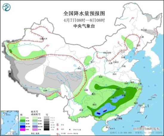 全国降水量预报图（4月7日08时-8日08时）