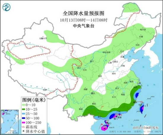 全国降水量预报图(10月13日08时-14日08时)
