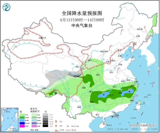 全国降水量预报图(4月13日8时-14日8时)