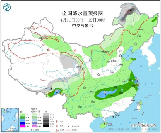 全国降水量预报图（4月11日8时-12日8时）