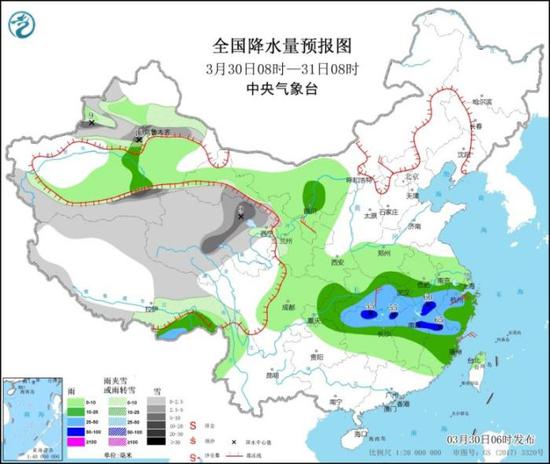 全国降水量预报图(3月30日08时-31日08时)