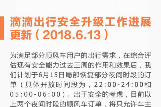 滴滴出行:将局部恢复夜间订单 只允许同性别合乘