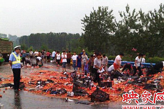 大货车发生事故32吨橘子滚落 家长带孩子现场哄抢