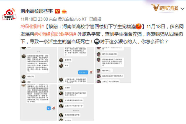 高校学生干部检查宿舍 致学生宠物猫从4楼坠下