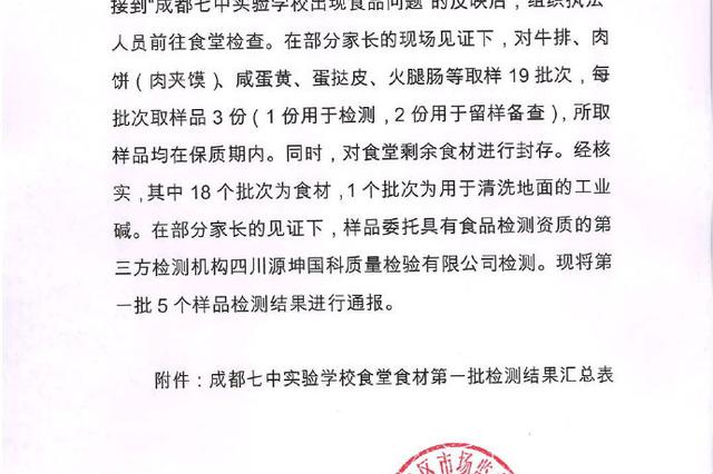 成都七中实验学校食堂食材第一批检测结果：均符合安全标准