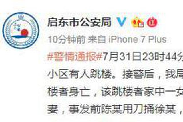 启东市公安局发布警情通报：男子杀妻后跳楼身亡