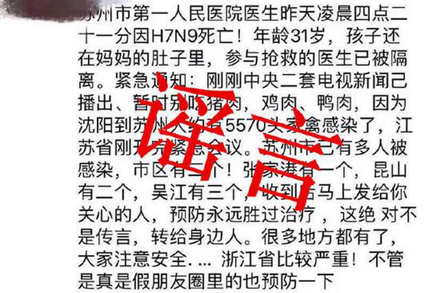 苏州警方：“医生感染H7N9死亡、多人感染禽流感”系谣言