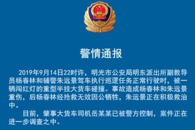 民警巡逻时遭闯红灯大货车碰撞 1人牺牲1人重伤