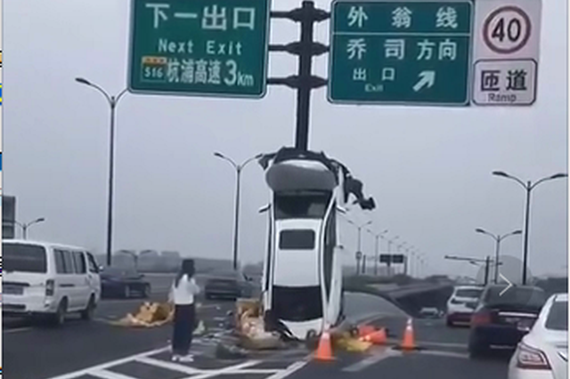 轿车撞上路牌"倒立" 杭州警方：司机受伤 未发现酒驾