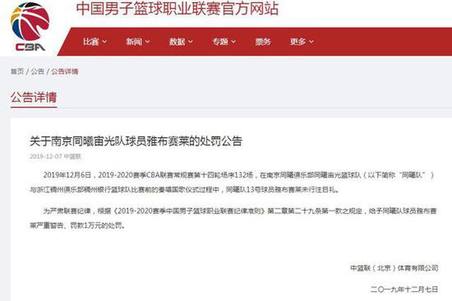 CBA官方：同曦外援国歌仪式未行注目礼 罚款1万元