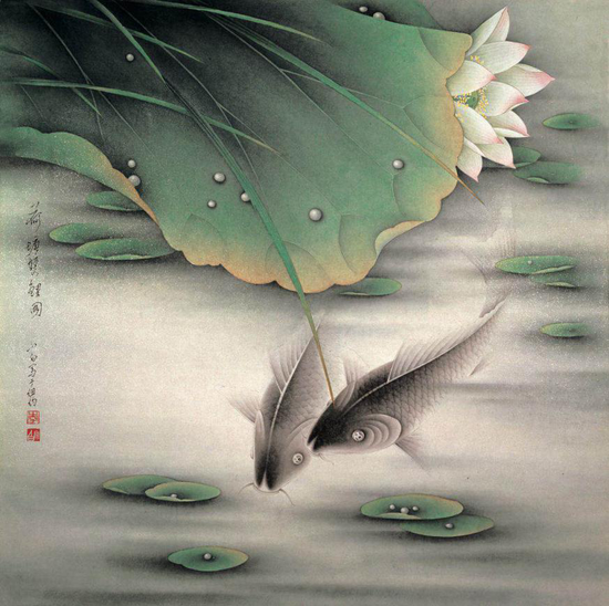 李小白作品《荷塘双鲤图》1992年 66cm×64cm