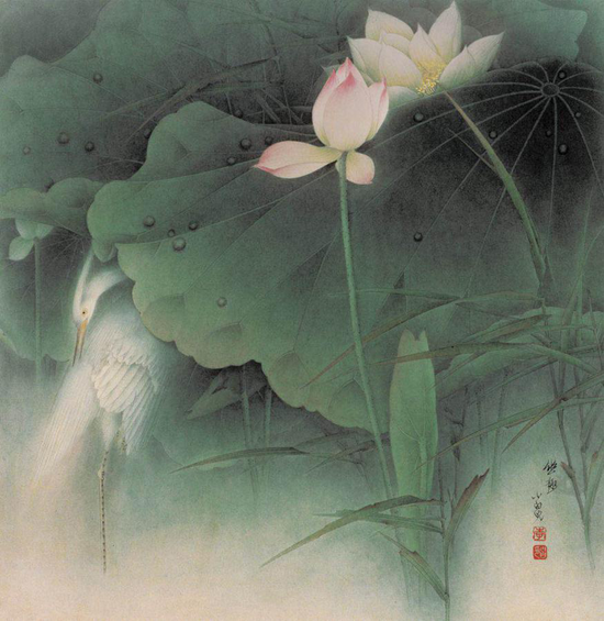 李小白作品《幽趣》（荷花鹭鸶）1998年 65cm×64cm