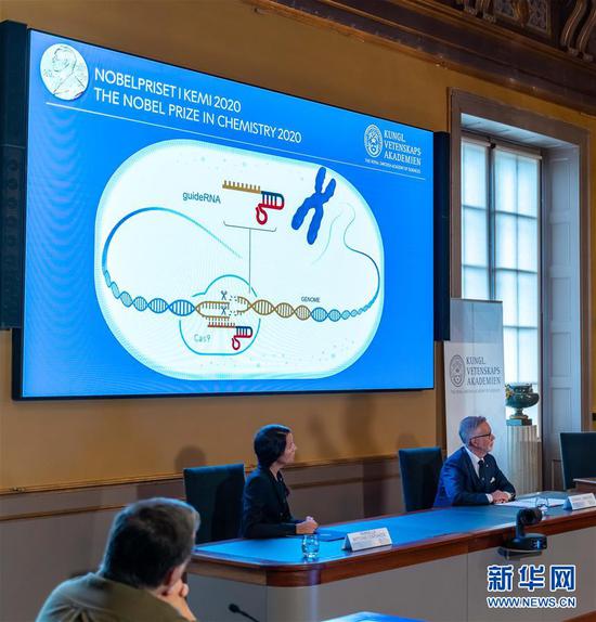 10月7日,在瑞典斯德哥尔摩的瑞典皇家科学院,人们听取专家对今年诺贝尔化学奖得主成就的解读。 新华社发(魏学超摄)