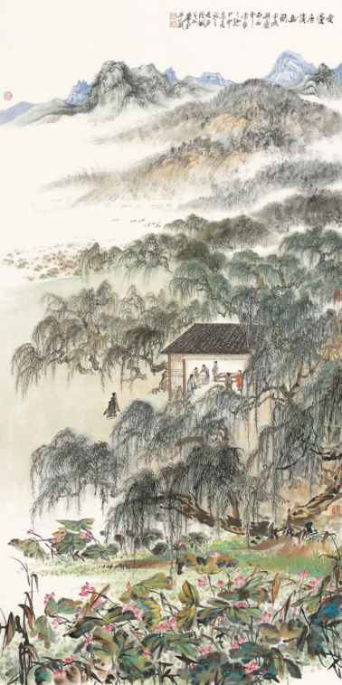 萧平,《爱莲居读画图》,纸本设色,136 cm×68 cm,2004