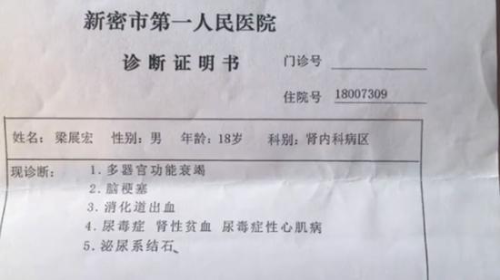 图为新密市第一人民医院开具的诊断证明书。受访者供图