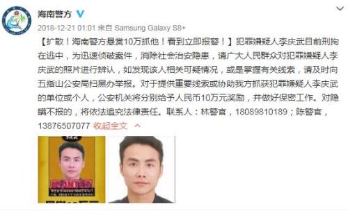 海南省公安厅此前发布的通缉公告