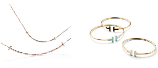 左:Tiffany & Co. 蒂芙尼T系列T Smile 18K玫瑰金镶钻项链 右:Tiffany & Co. 蒂芙尼T系列T Color 18K 黄金镶嵌黑色缟玛瑙、绿松石、珍珠母贝细款手镯