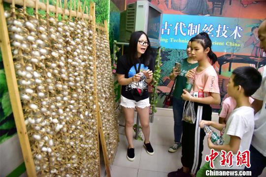 8月16日，游客在佛山南海丝厂的研学基地了解蚕蛹知识。　曾令华 摄