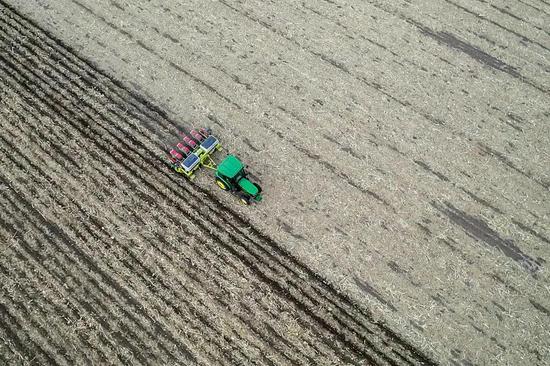 5月7日，在吉林省四平市梨树县，农民驾驶免耕播种机播种玉米（无人机照片）新华社记者 张楠 摄
