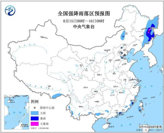 图1 全国强降雨落区预报图（8月15日08时-16日08时）