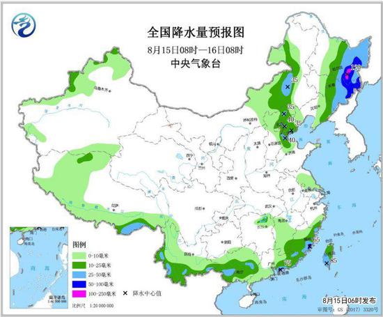 图3 全国降水量预报图（8月15日08时-16日08时）