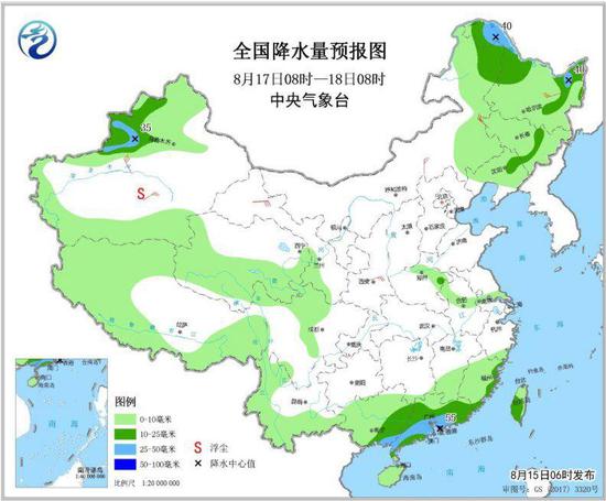 图5 全国降水量预报图（8月17日08时-18日08时）