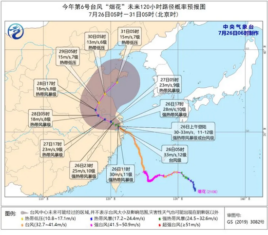  台风“烟花”路径概率预报图（7月26日5时-31日5时）