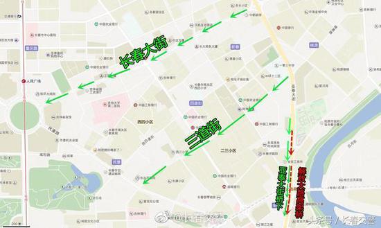 图中红色为施工路段,绿色为绕行建议。
