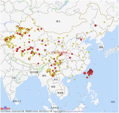 2018年全国3级及以上地震分布图（四级以上红色标注）。图片来源：中国地震台网微信公众号