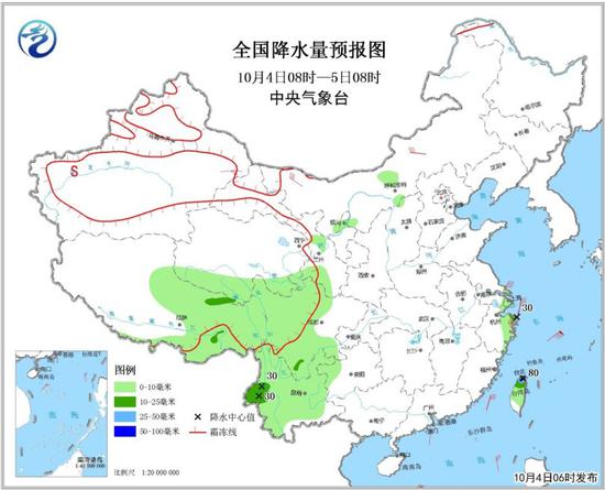 图2 全国降水量预报图(10月4日08时-5日08时)