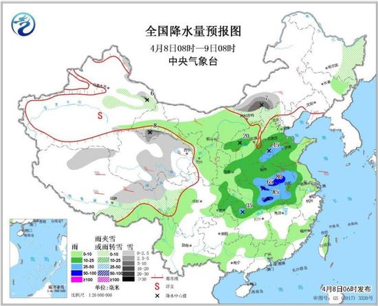 图1 全国降水量预报图（4月8日08时-9日08时）